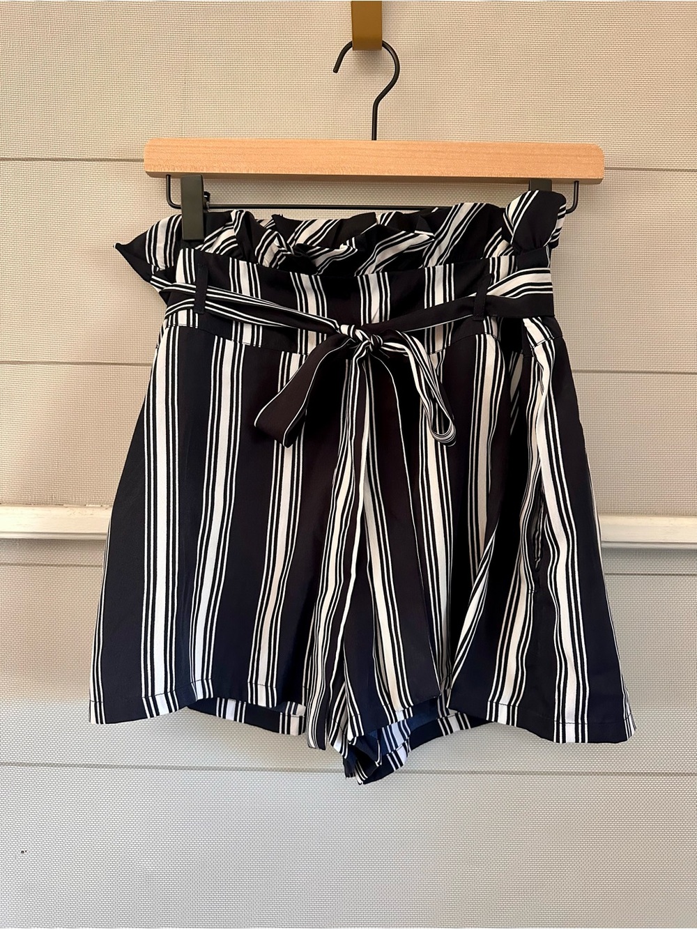 Walter Baker Navy & White Vertical Stripe High-Waist Tie Shorts